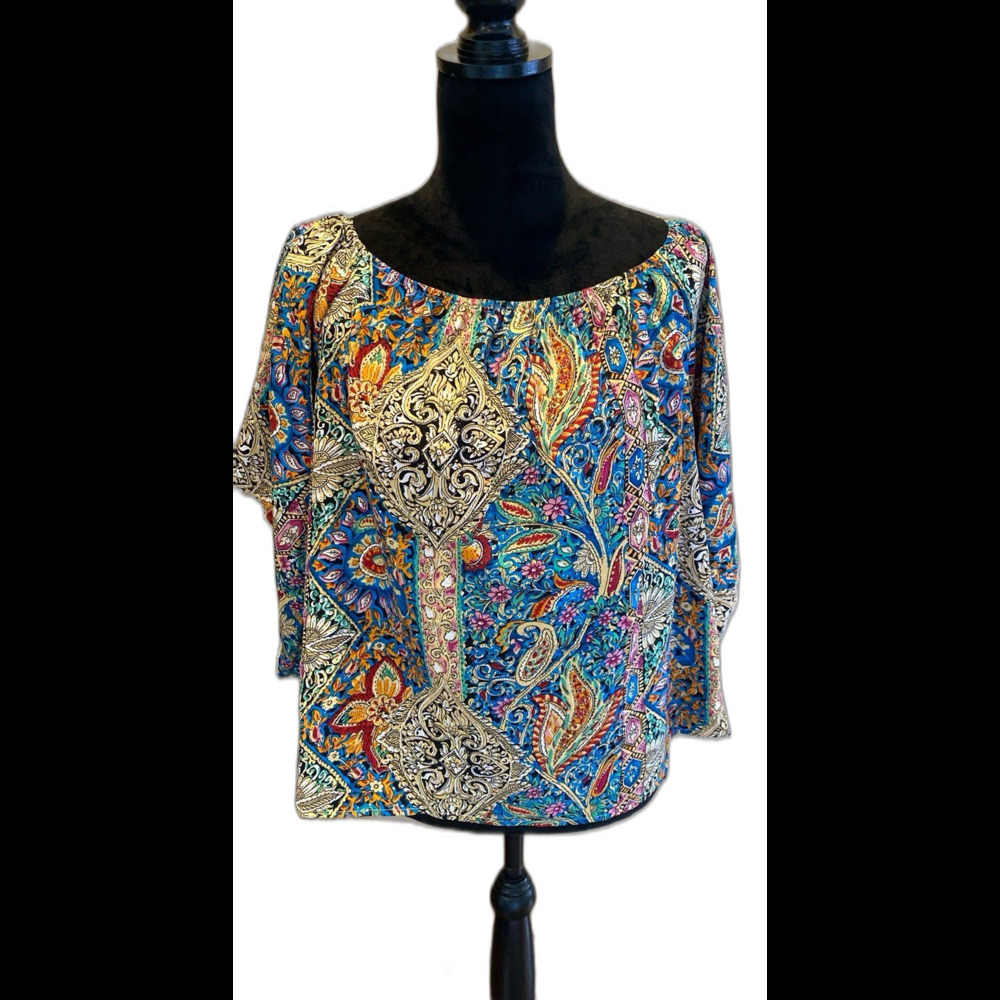 Paisley Blouse Size Large Off or On Shoulder Deep Blue Pink Elastic Neckline Top - Picture 4 of 11